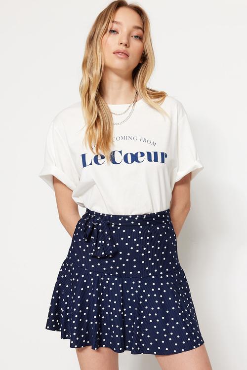 Polka Dot High-Waist Skirt-Look Knit Shorts - Navy Blue