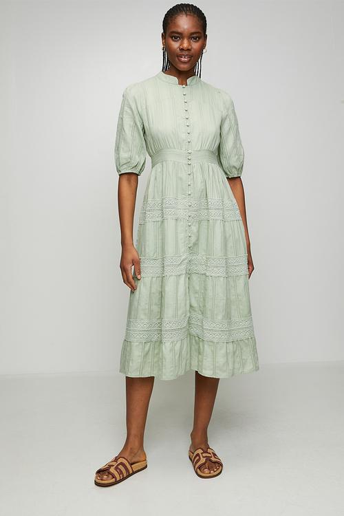 Half Sleeve With Elastic Button Through Tiered Maxi Dress With Lace At Each Tier - Sage