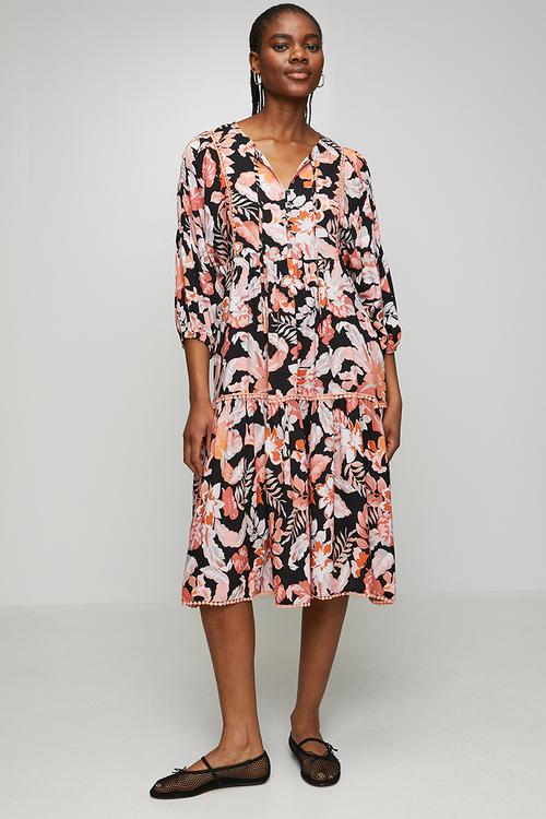 3/4 Sleeve Button Through Easy Wearing Maxi Dress with Lace Detail On Chest - Multi