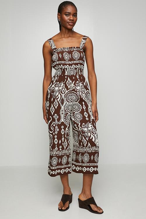 Sleeveless Waist Elastic Ankle Length Printed Jumpsuit - Brown