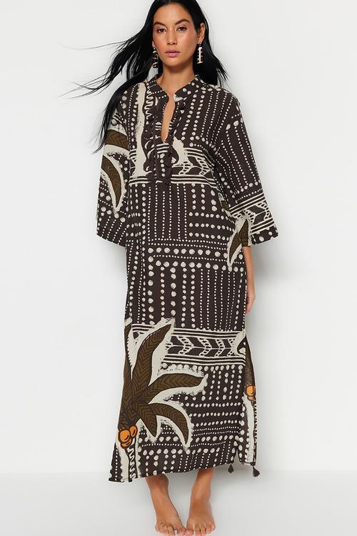 Tropical print maxi tasselled cotton kimono / kaftan - brown–multicolor