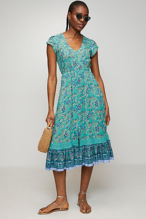 Cap Sleeve With Flutter V-Neck Button Through Midi Dress Printed - Blue