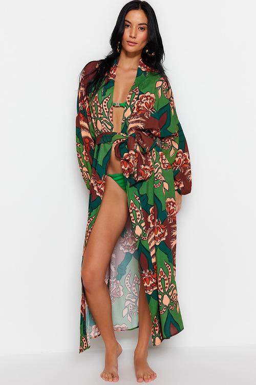 Tropical pattern cotton maxi belted kimono / kaftan - brown–multicolor