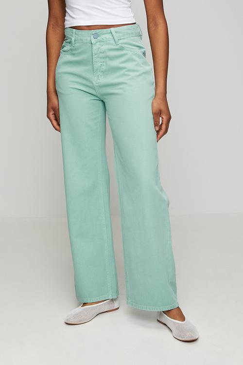 Mid Waist Wide Leg 5 Pocket Overdye Denim Jean - Mint