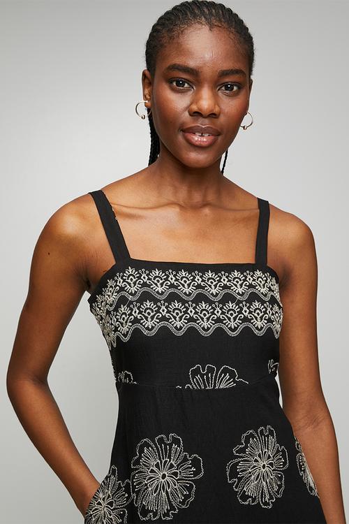 Strappy A-Line Waisted Maxi Dress With All Over Embroidery - Black