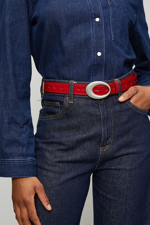 Lace Croc Embossed Slim Belt- Red