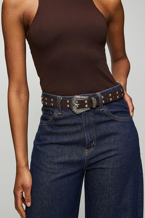 Koa Studded Belt With Western Silver Buckle- Brown