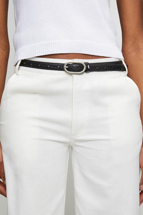 Korrine Slim Croc Embossed Belt With Oval Silver Buckle- Black
