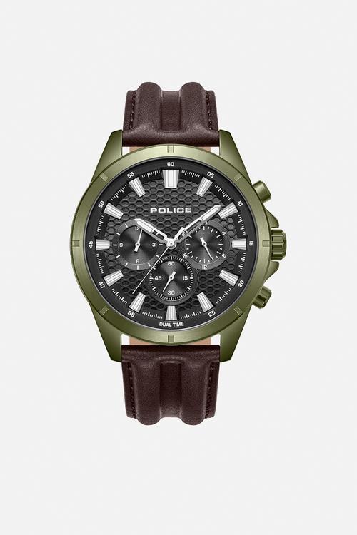 IP Green Case Grey Dial Brown Leather Strap - Green & Brown