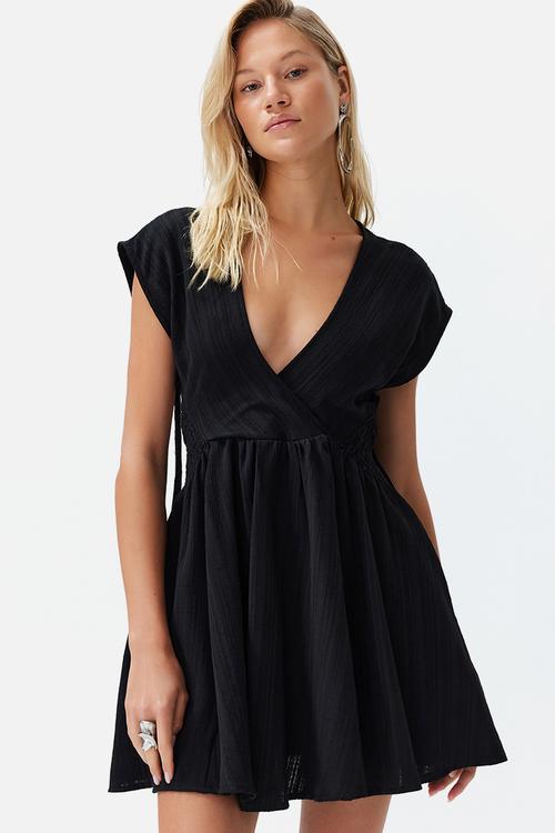 Linen-Blend Cut-Out Detail Beach Mini Dress - Black