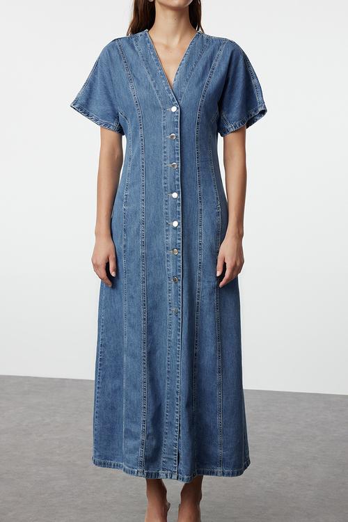 V-Neck Seam Detail Maxi Denim Dress - Blue