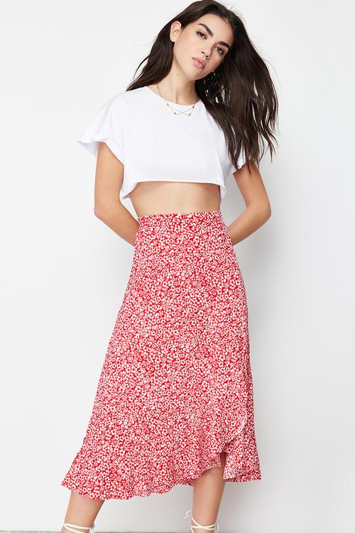 Printed High-Waist Flounce Skirt - Red