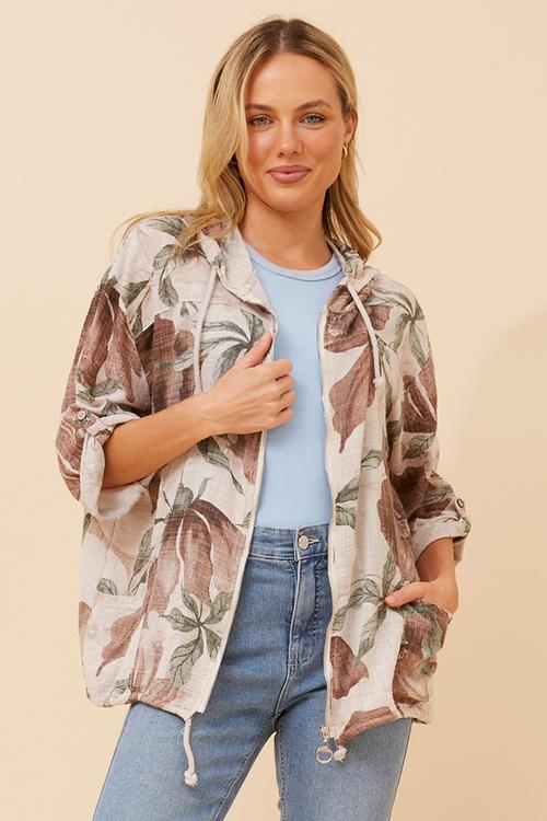 Long Sleeve Zip Through With Hood Easy Wearing Track Top - Beige
