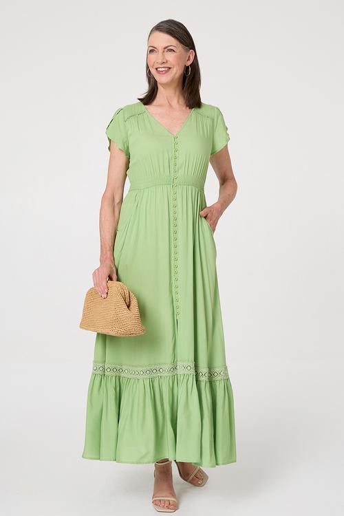 Cap Sleeve With Flutter V-Neck Button Through Maxi Plain Colour Maxi Dress With Ladder Lace Trim - Lime