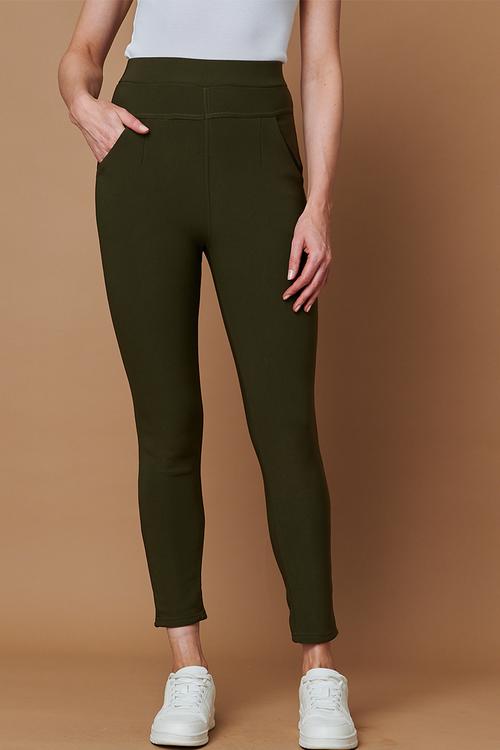 High Waisted Pull On Jegging With Front V Profile - Khaki