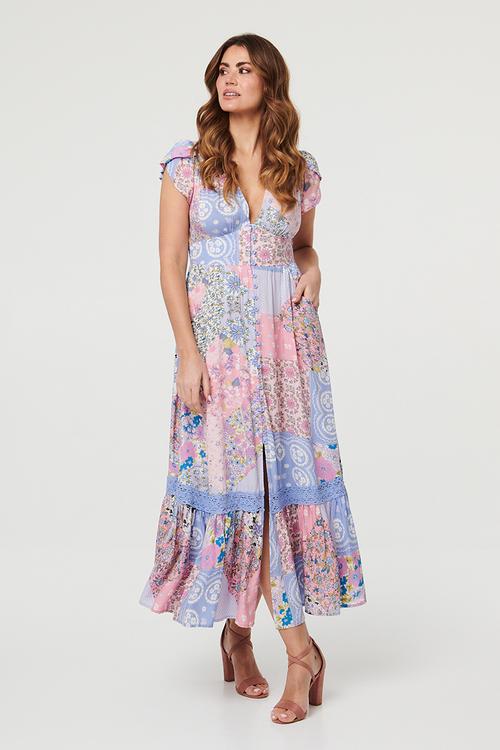 Cap Sleeve With Flutter V-Neck Button Through Printed Maxi Dress With Ladder Lace - Multi Blue