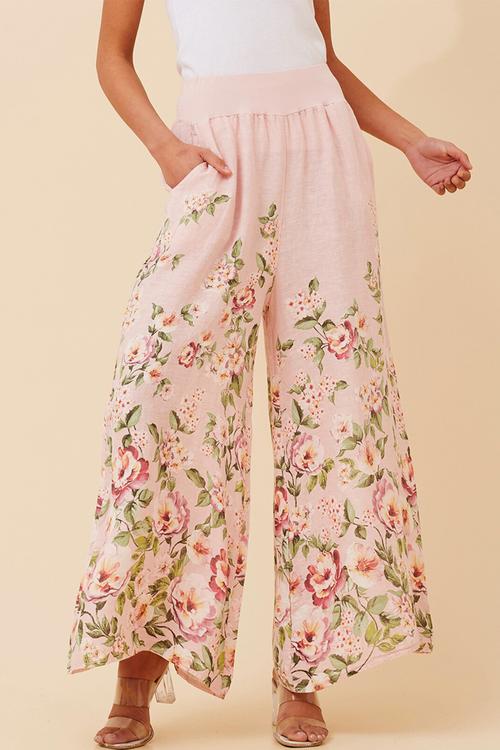 Printed Linen Flare Leg Pant With Elastic At Waist - Light Pink