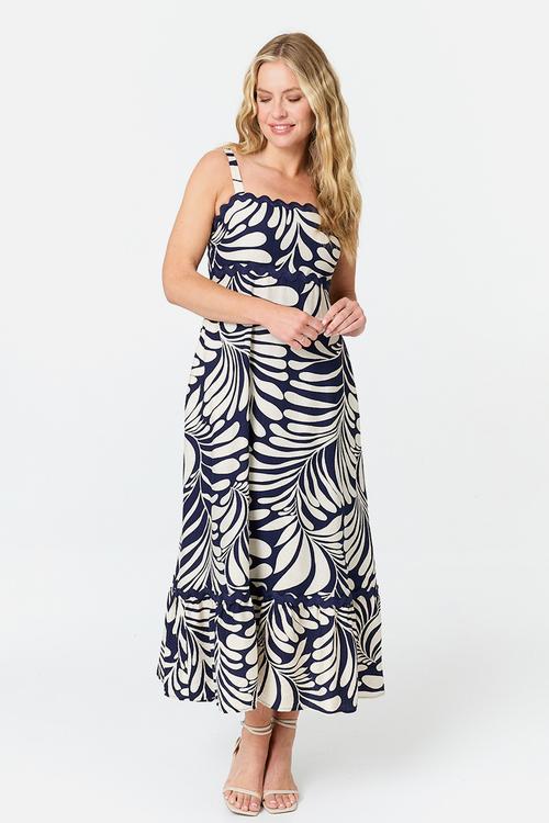 Strappy Boobtube A-Line Maxi Dress With Scallop Trim Detail - Navy