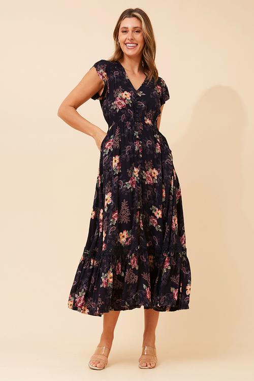 Cap Sleeve With Flutter V-Neck Button Through Printed Maxi Dress With Ladder Lace - Navy