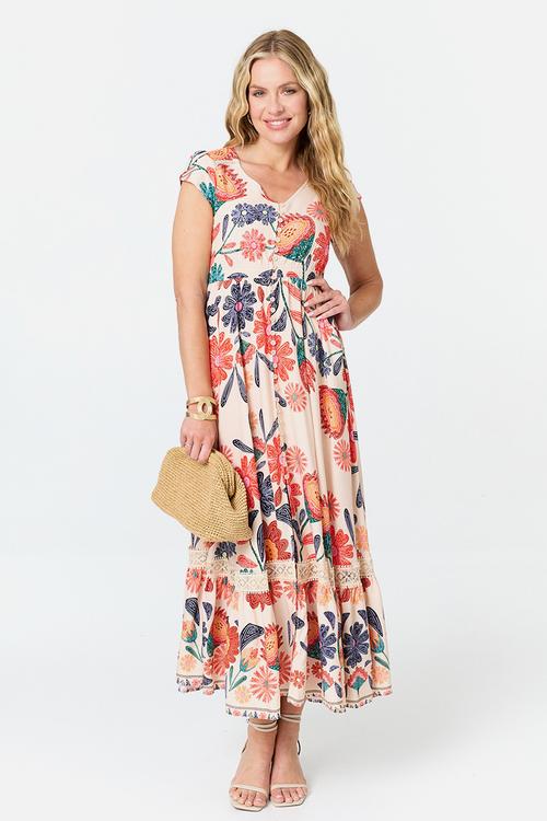 Cap Sleeve With Flutter V-Neck Button Through Max Printed Dress With Ladder Lace - Multi Orange