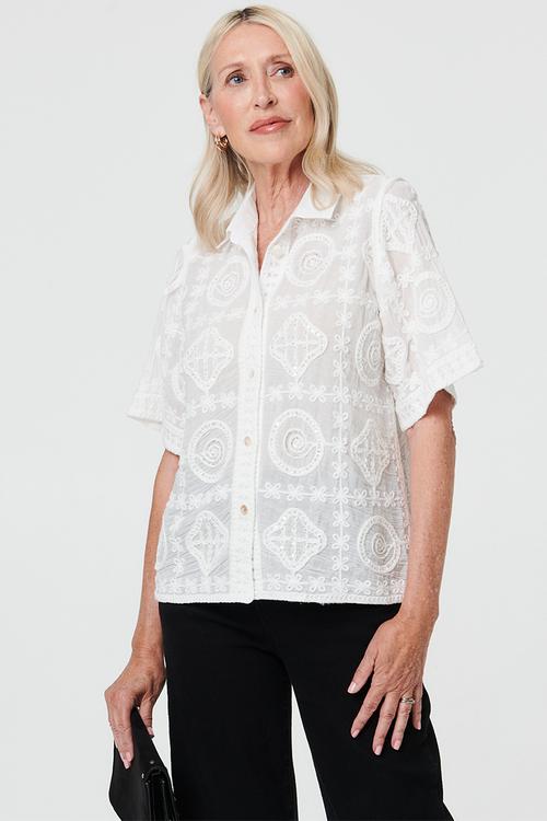 Button Through Hand Stitch Embroidery Throughout With Rhinestone Trim Detail - White