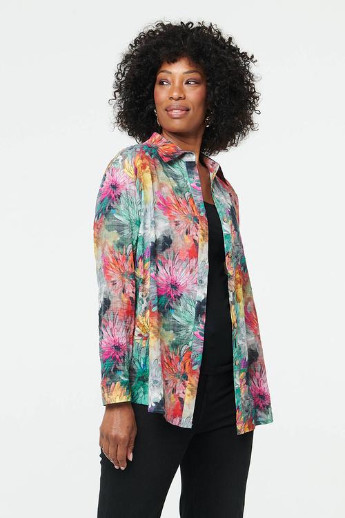 Long Sleeve Button Through Sheer Printed - Multi Green