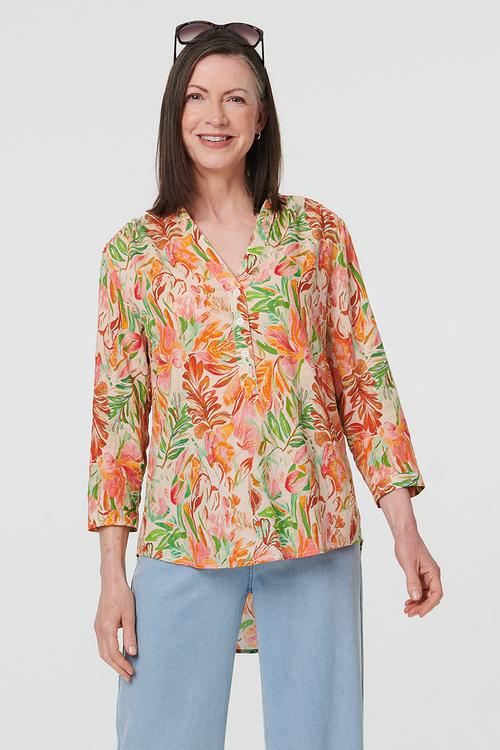 3/4 Sleeve With Turn Back Cuff Mandarin Button Through Porinted Blouse - Orange