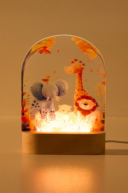 Wooden base safari animal night light - neutral/multi
