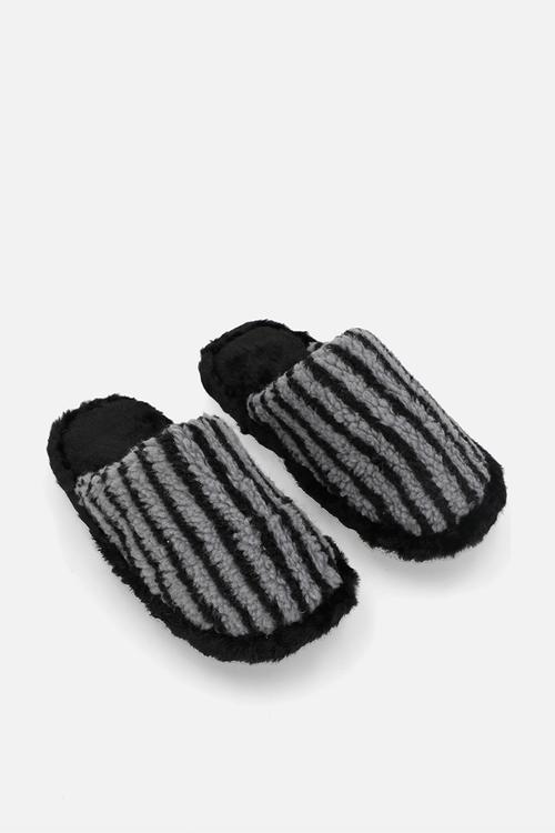 Black striped shearling slippers - grey