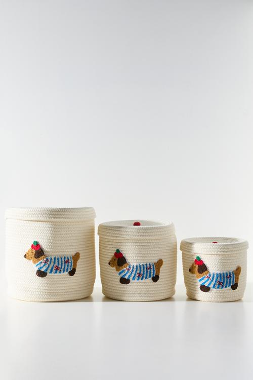 3 Piece daschund embroidered storage basket - cornsilk