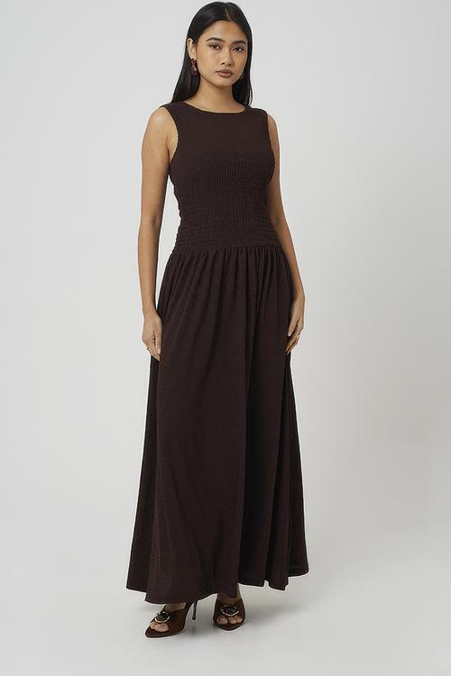Ladies Textured Jersey Maxi Dress With Ruched Bodice - Dark Brown