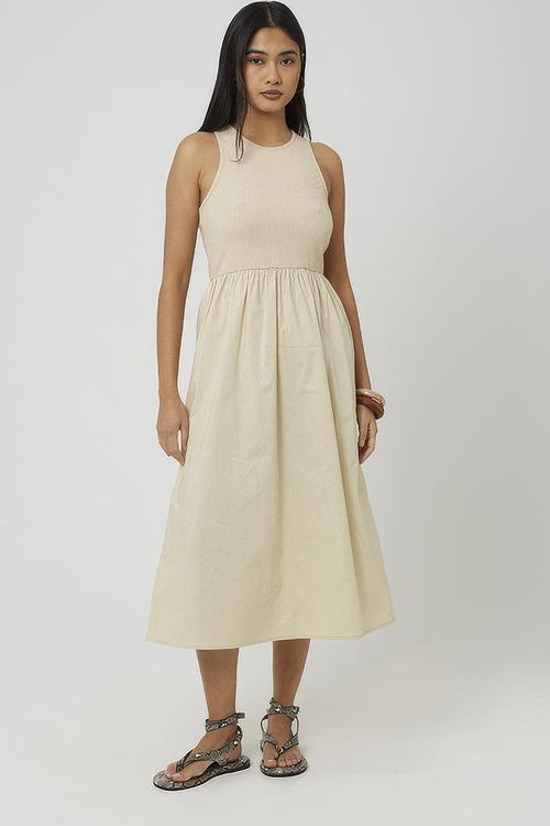 Ladies Midi Ribbed Jersey And Poplin Mix Dress - Neutral
