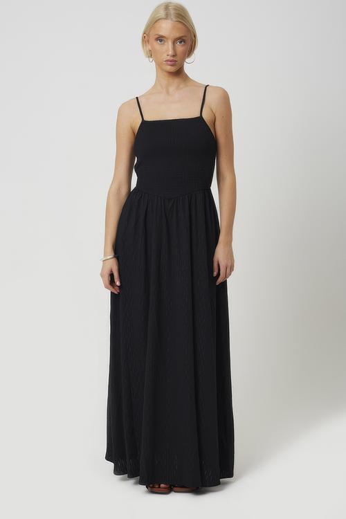 Ladies Strappy Textured Jersey Dress With Ruched Bodice - Black