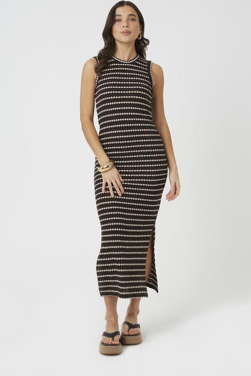 Ladies Textured Jersey Stripe Maxi Dress - Black