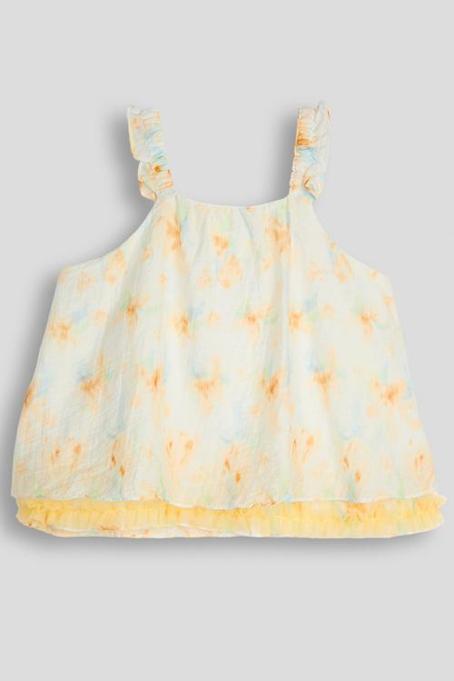 Aop ruffled straps top - white/yellow