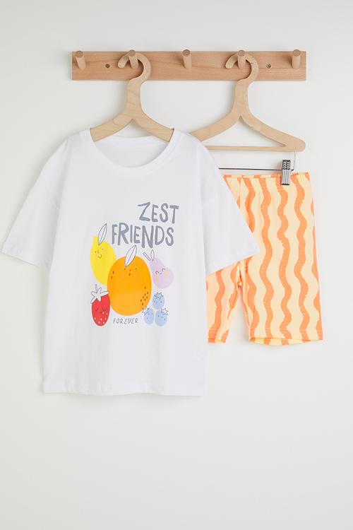 Fruits graphic tee with striped shorts - white & light orange