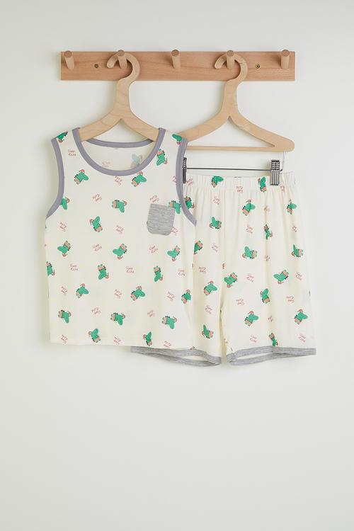 Aop tank top & shorts pj set - white/green