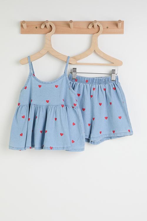 Heart embroidered peplum camisole top & shorts - blue