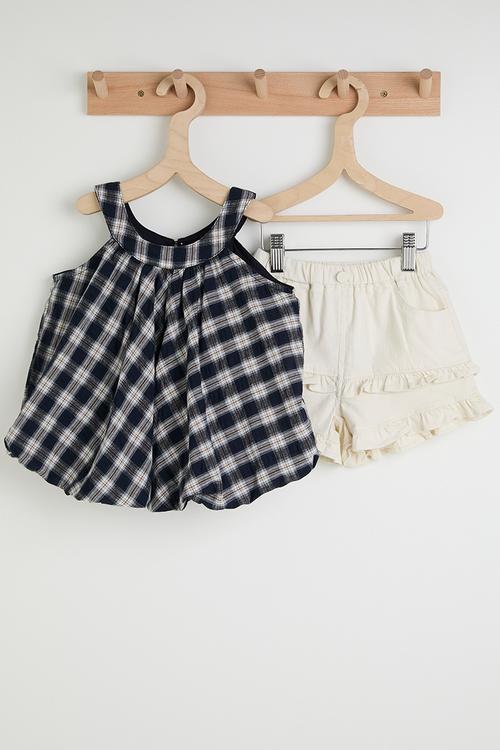 Check halter neck top & ruffle shorts - navy/white