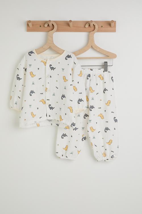 Aop long sleeved top & pants pj set - white