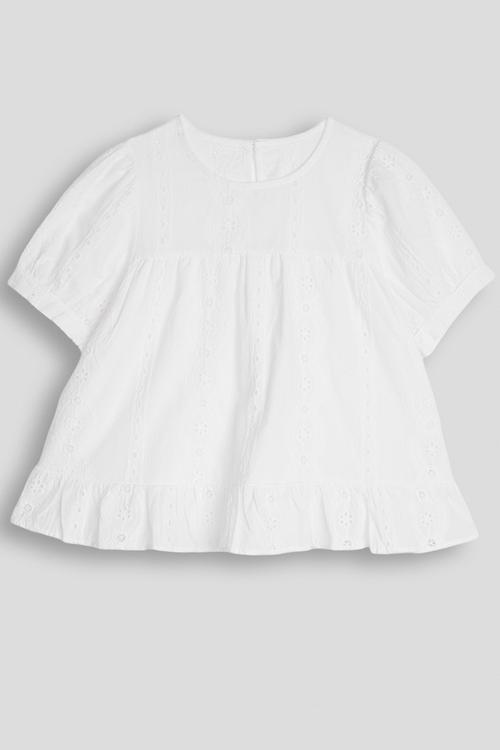 Broderie anglaise blouse with hem frill - white
