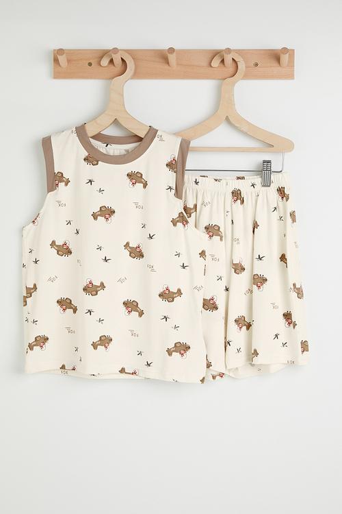 Aop tank top & shorts pj set - white & brown