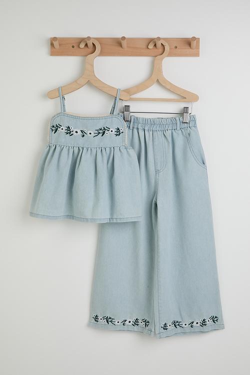 Embroidered empire line denim top & wide leg jeans - light blue