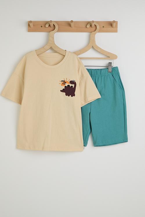 Dino placement tee with shorts - ivory/sea blue