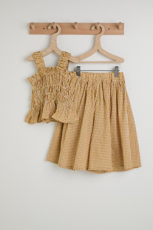Gingham ruched top with bermuda shorts - lt brown