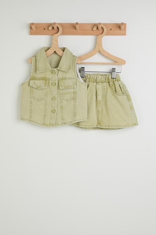 Denim collared vest with skirt - distressed green