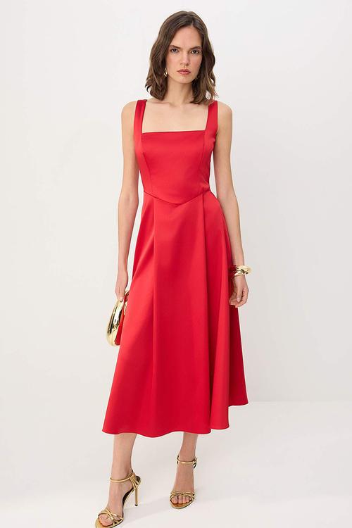 A-Line Satin Evening Dress - Red