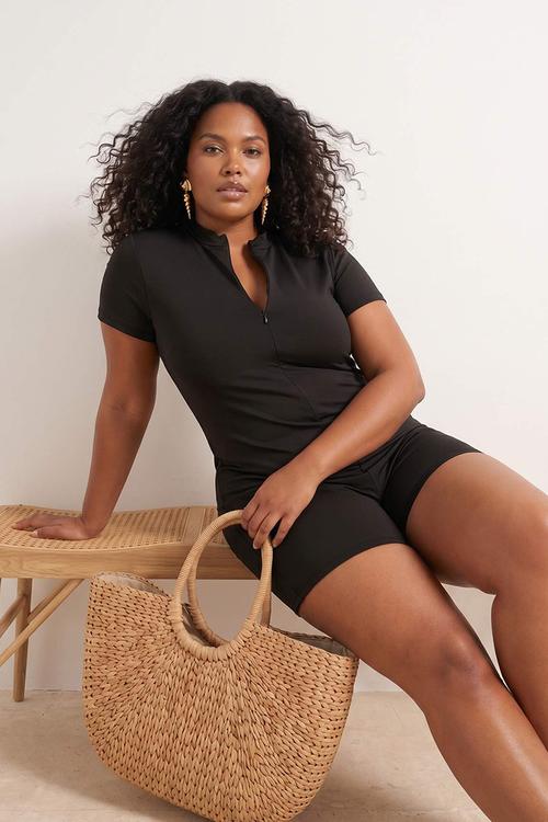 Plus zipper detailed shorts swimsuit surfer swimsuit - black