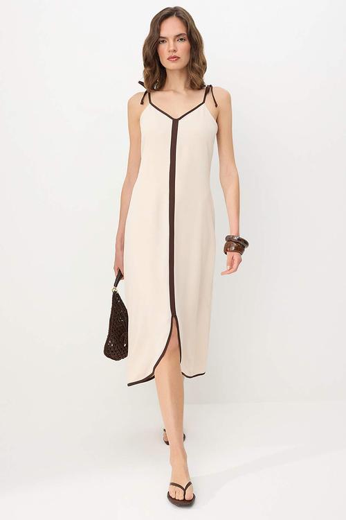 Contrast Piping Detail Slit Midi Dress - Ecru