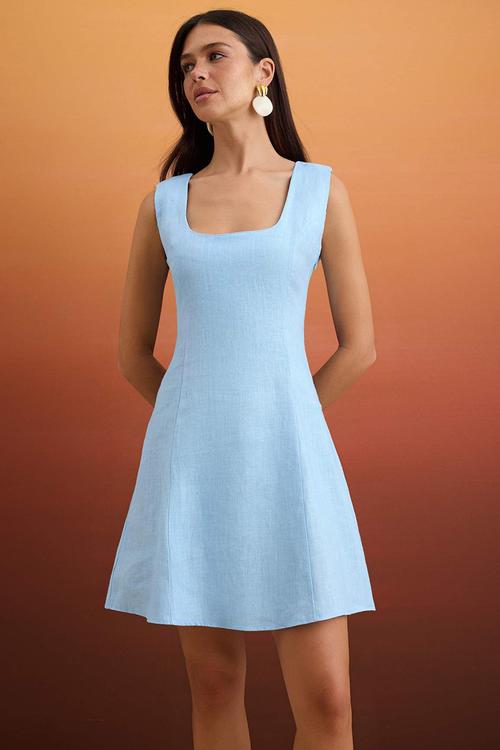 Linen Back-Tie Mini Dress - Light Blue